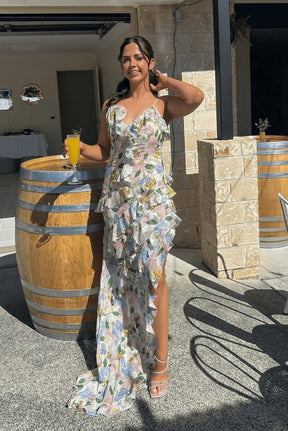 Robe longue volants cascade brise