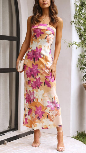 Robe longue florale rose détail bustier douceur