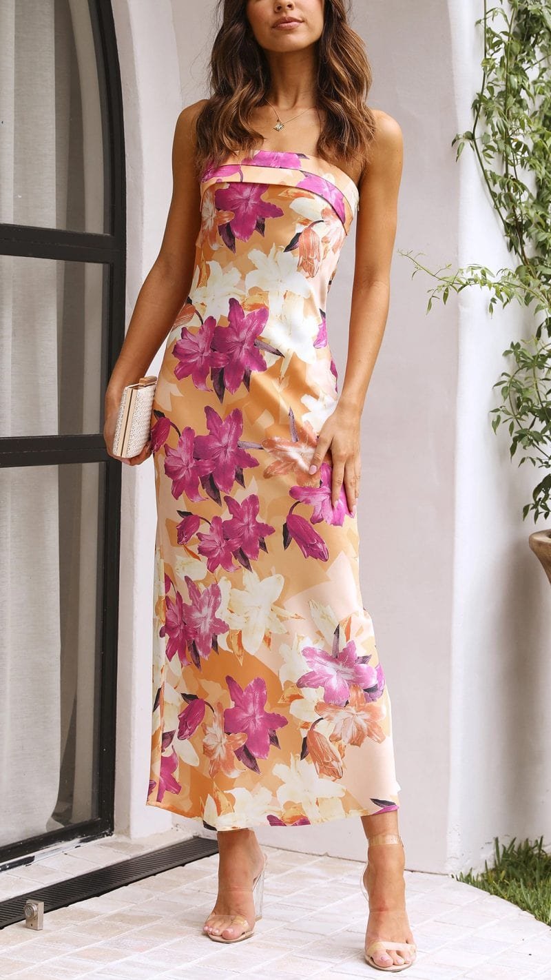 Robe longue florale rose détail bustier douceur