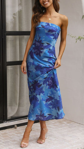 Robe longue florale bleue vue face fraîcheur