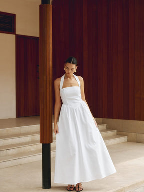 Robe longue dos nu en lin blanc étoile