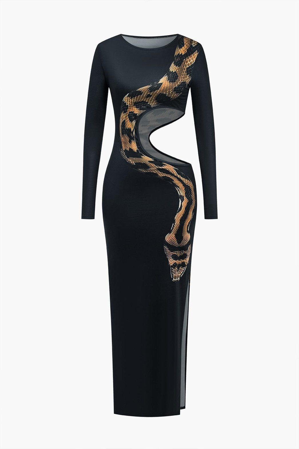 Robe longue noire motif serpent élégante velours