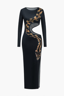 Robe longue noire motif serpent élégante velours