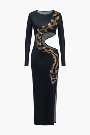Robe longue noire motif serpent élégante velours