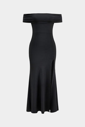 Robe longue noire épaules dénudées élégante papillon