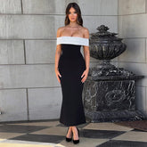 Robe longue élégante bicolore épaules dénudées harmonie
