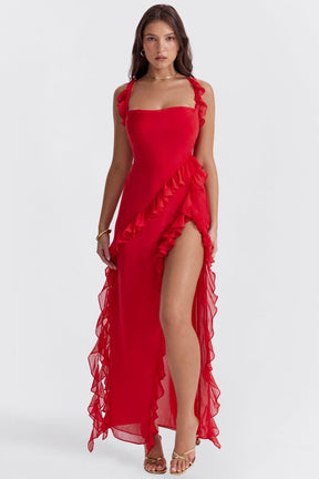 Robe longue bordeaux festonnée grace