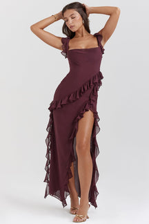 Robe longue bordeaux à volants cascades magic