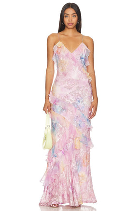 Robe longue à volants saphir