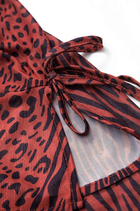 Robe longue léopard rouge en mesh détail tissu nuage