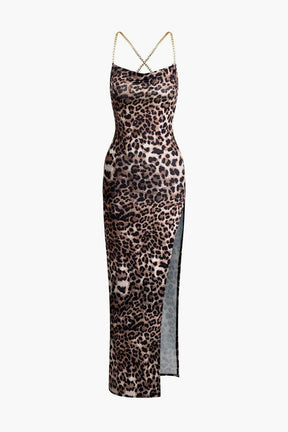 Robe soirée fendue motif léopard grâce