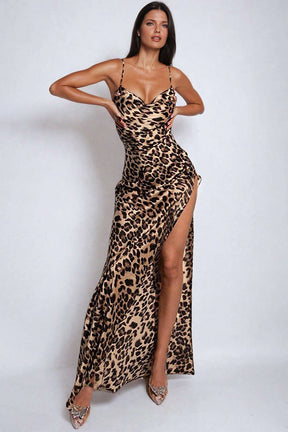 Robe léopard satin longue élégante harmonie