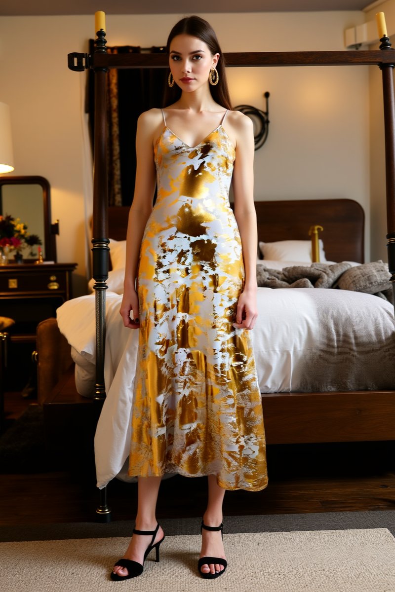 Robe longue métallisée or élégante soleil
