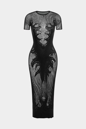 Robe maille rose transparente vue trois-quarts plume