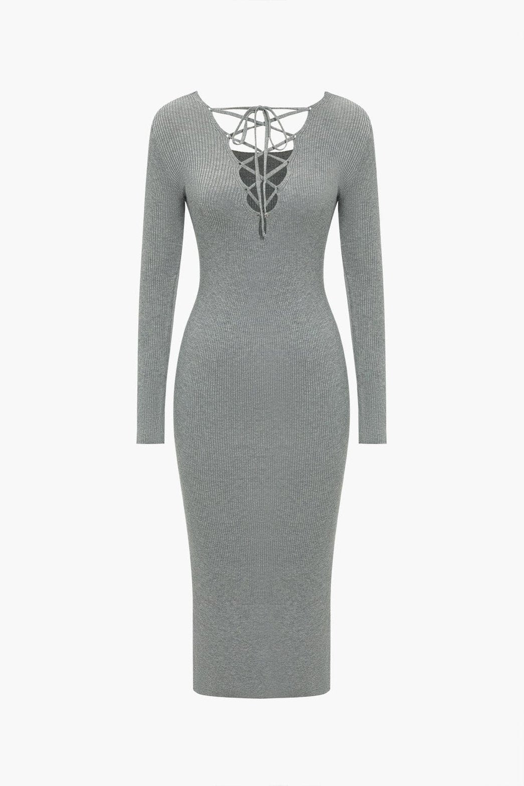 Robe longue tricotée grise ajustée vue de face soleil