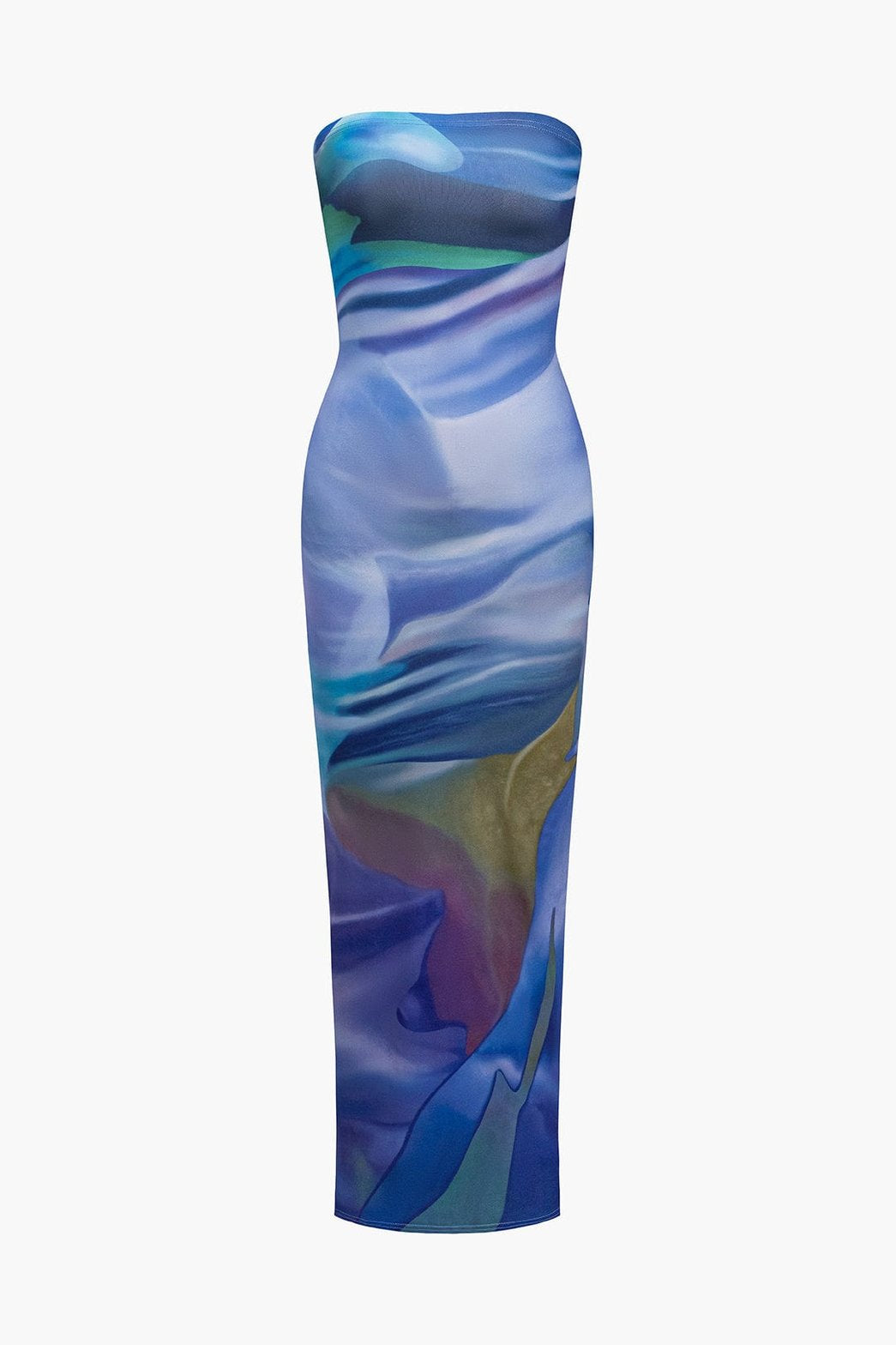 Robe longue moulante motif abstrait bleu azur