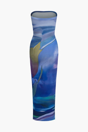 Robe longue moulante motif abstrait océan