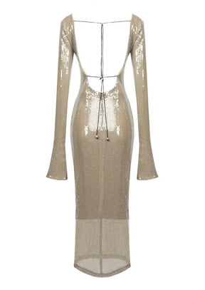 Vue ensemble robe longue brillante opale
