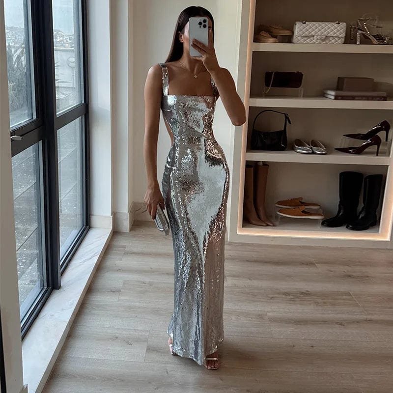 Robe longue paillettes argentée vue complète étoile