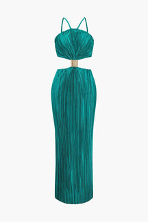 Robe longue plissée verte émeraude vue de face étincelle