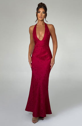 Robe longue rouge col licou vue de face étincelle