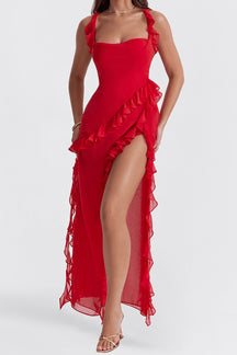 Robe rouge longue volantée soleil