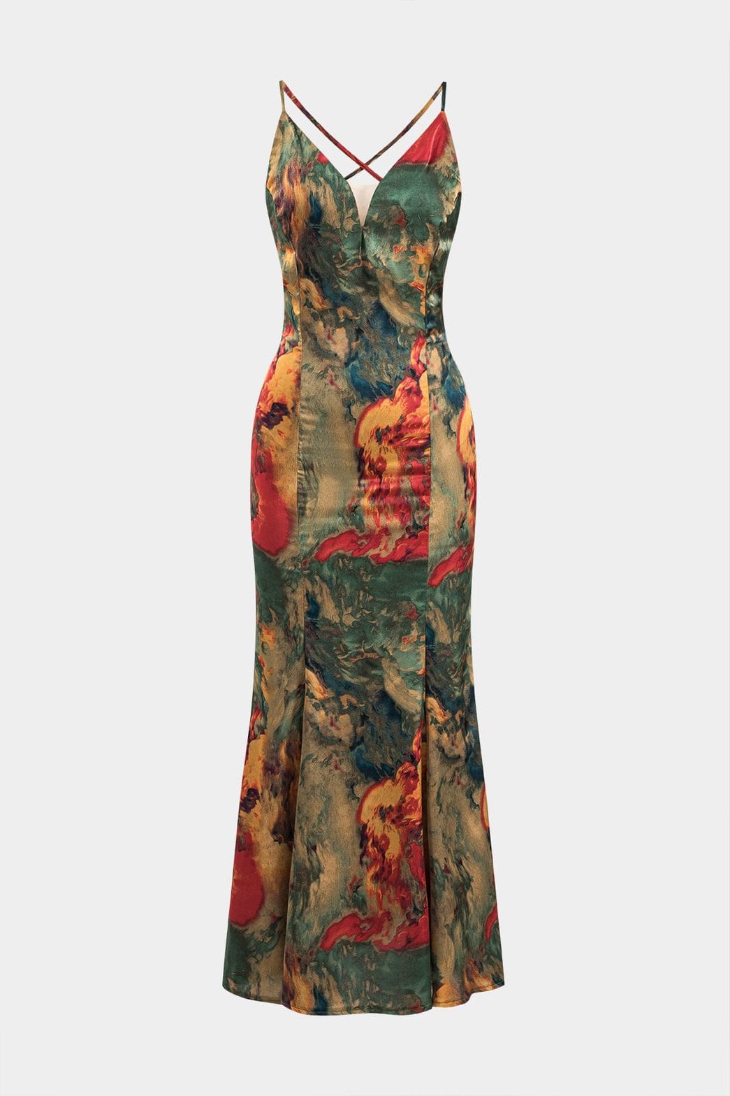 Robe longue satin motif aquarelle vue de face soleil