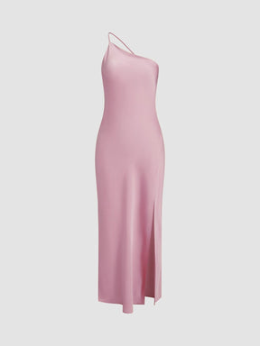 Vue complète robe asymétrique satin jade