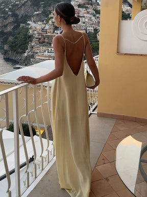 Robe longue satinée vue de dos brise