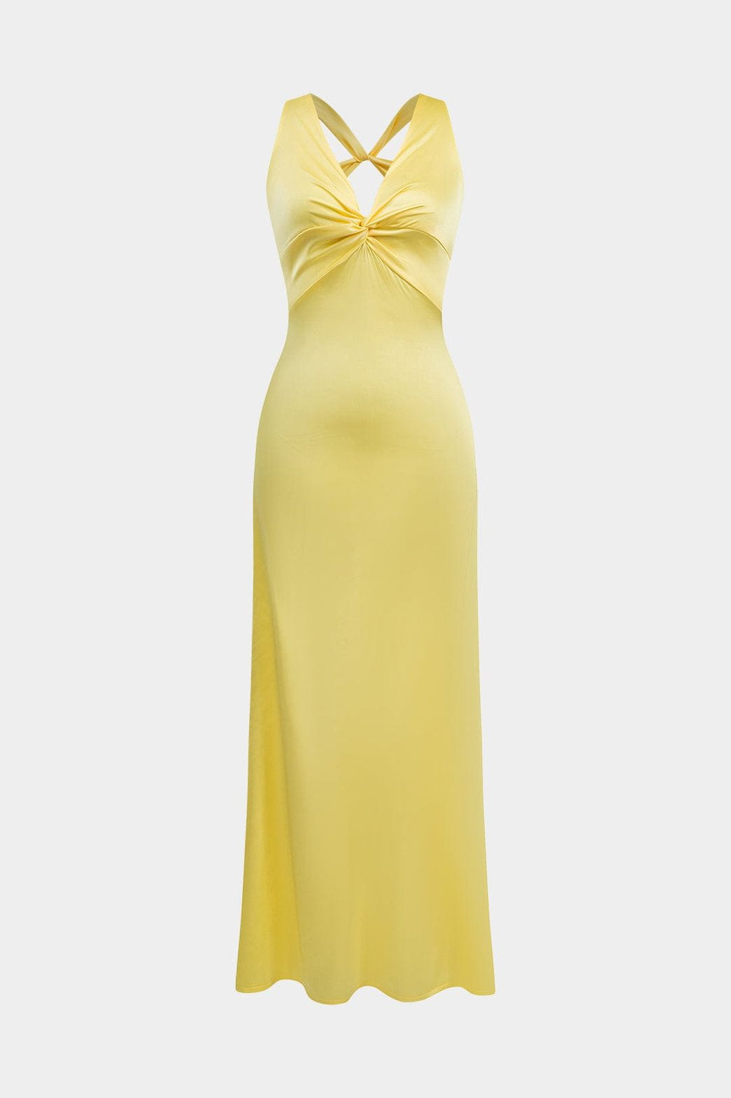 Robe longue satinée jaune vue de face soleil