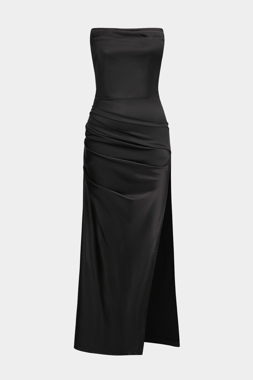 Robe longue satinée noire sans bretelles vue de face - Élégance