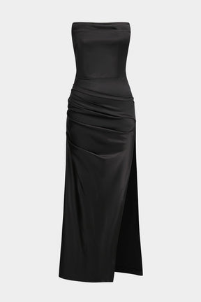 Robe longue satinée noire sans bretelles vue de face - Élégance