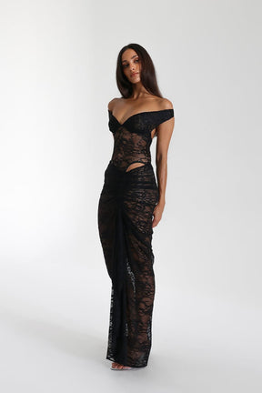 Robe longue en dentelle noire vue latérale - charbon