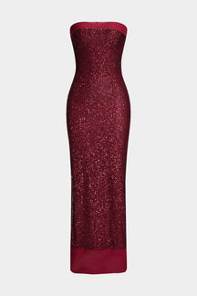 Robe longue à sequins bordeaux vue de face étoile