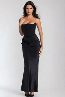 Robe longue sirène noire en satin étoile