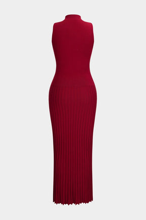 Robe longue tricotée rouge col montant vue de dos élégance