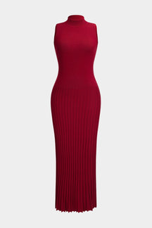 Robe longue tricotée rouge col montant vue de face harmonie