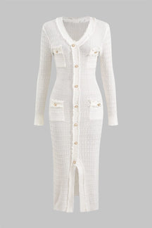 Robe longue tricot blanche boutonnée élégante - Douceur