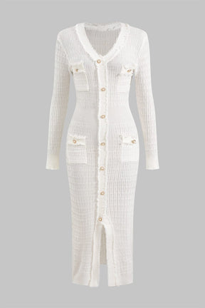 Robe longue tricot blanche boutonnée élégante - Douceur