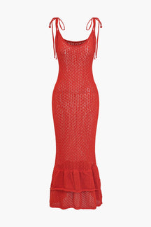 Robe longue tricot rouge à bretelles nouées étoile