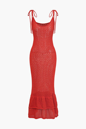Robe longue tricot rouge à bretelles nouées étoile