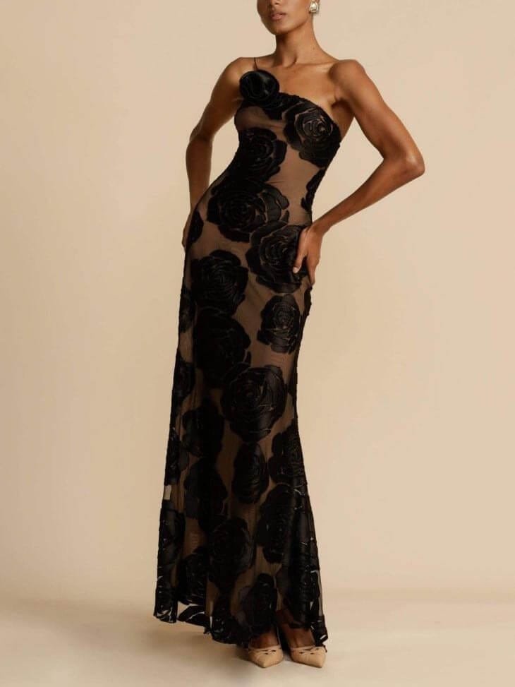 Robe longue fleurie vue de dos satin