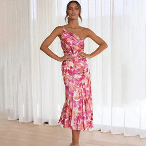 Robe asymétrique fleurie rose détail tissu nuage