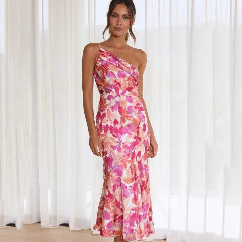 Robe asymétrique fleurie rose vue de face papillon