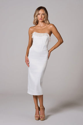 Robe midi corset détail tissu soyeux