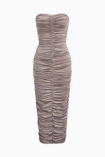Robe midi drapée grise élégante soleil