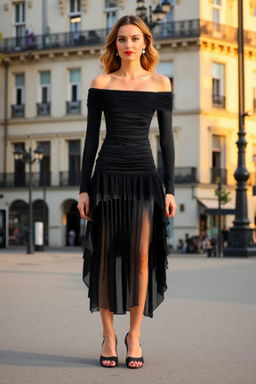 Robe midi noire épaules dénudées élégante douceur