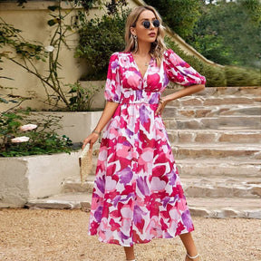 Robe col V imprimée florale soleil