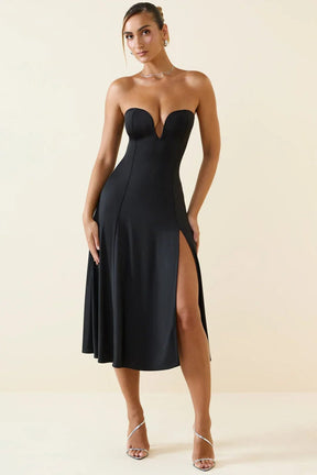 Robe midi noire élégante vue de face soleil