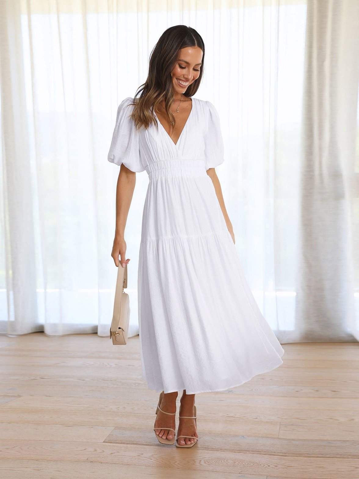 Robe midi fluide beige brise